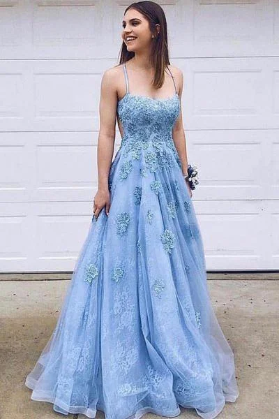 Blue Lace Tulle Spaghetti Straps Long Prom Dress Evening Dress With Lace Applique WK676 Blue Lace Tulle Spaghetti Straps Long Prom Dress Evening Dress With Lace Applique WK676