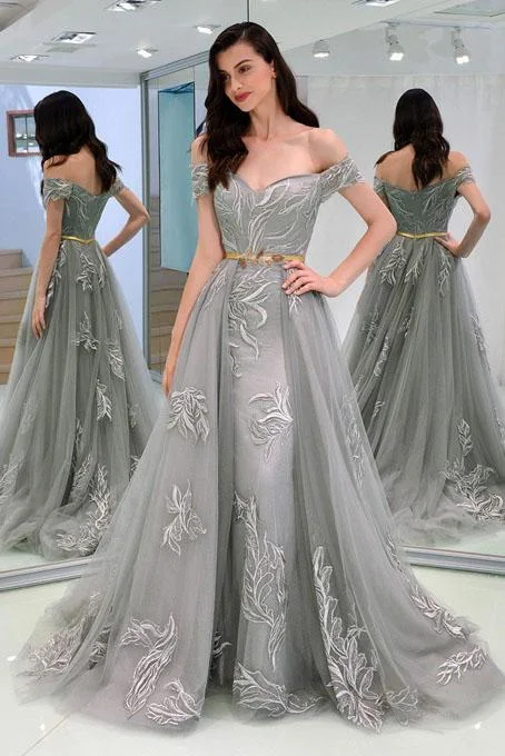 A-Line Appliques Off-the-Shoulder Gray Evening Dress With Sashes Long Tulle Prom Dresses WK676