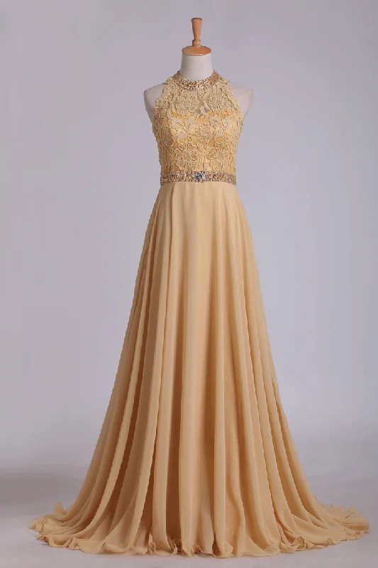 2024 A Line High Neck Prom Dresses Chiffon & Lace With Beads Sweep Train