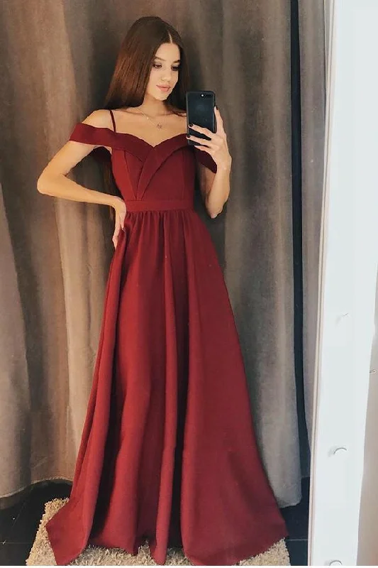 A line Burgundy Cold Shoulder Sweetheart Prom Dresses Satin Long Evening Dresses WK669