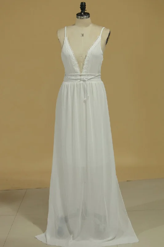 2024 A Line Deep V Neck Prom Dresses With Beads And Slit Chiffon