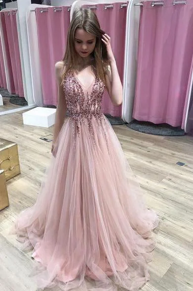 A Line Pink V Neck Tulle Sequin Beads Long Prom Dress Cheap Graduation Dresses WK850 A Line Pink V Neck Tulle Sequin Beads Long Prom Dress Cheap Graduation Dresses WK850