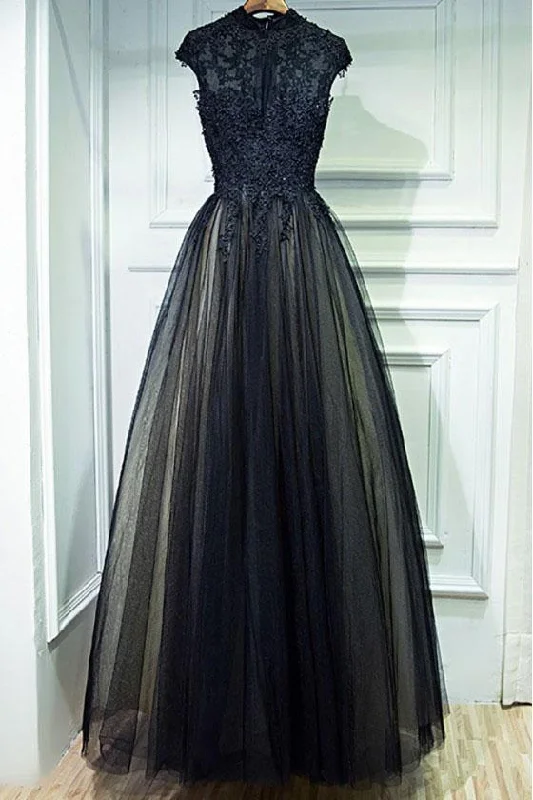 Vintage A Line Chic Long Black Lace Cap Sleeves High Neck Beads Appliques Prom Dresses WK76 Vintage A Line Chic Long Black Lace Cap Sleeves High Neck Beads Appliques Prom Dresses WK76