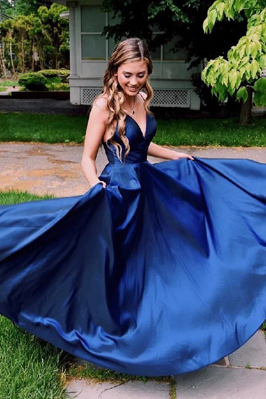 Royal Blue Simple V Neck Satin Prom Dress A Line Spaghetti Straps Long Evening Dress WK607