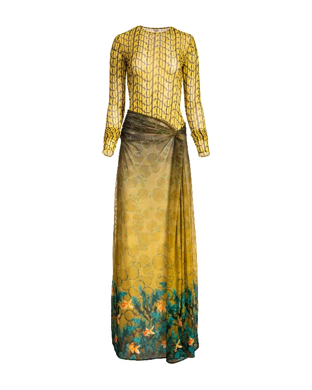 Yellow Wavy Monogram/ Olive Bubble Seaweed Mix Knotted Mesh Dress