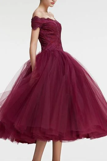 Vintage Princess Off the Shoulder Tea Length Ball Gown Scoop Burgundy Homecoming Dress WK860 Vintage Princess Off the Shoulder Tea Length Ball Gown Scoop Burgundy Homecoming Dress WK860