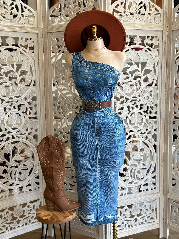 Faux Denim Print Dress - Estira(imitacion mezclilla, licra), Stretchy(faux denim, spandex) Faux Denim Print Dress - Estira(imitacion mezclilla, licra), Stretchy(faux denim, spandex)