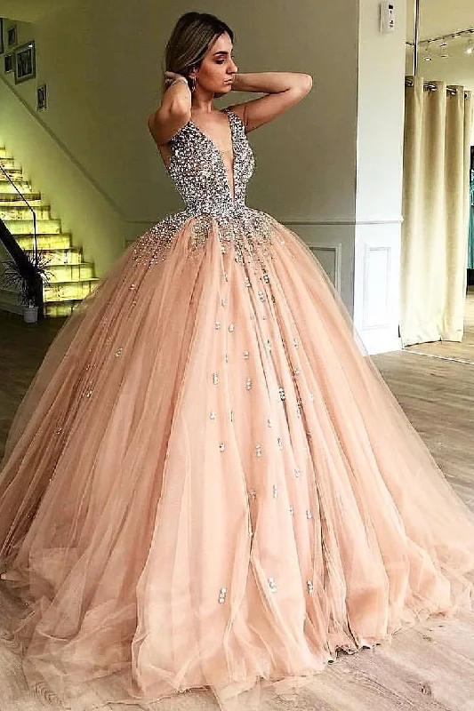 Unique Ball Gown V Neck Sleeveless Beading Tulle Prom Dresses Quinceanera Dress WK989