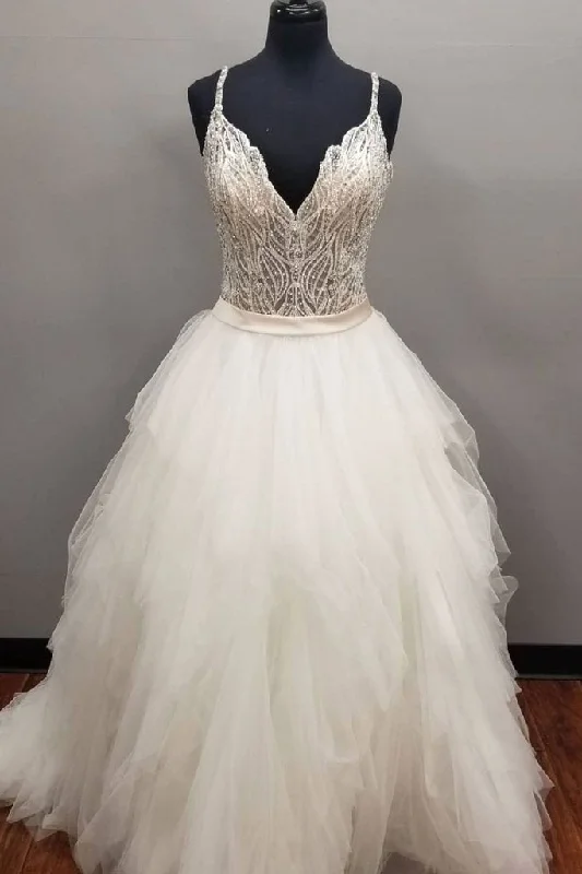 Ivory V Neck Tulle Long Spaghetti Straps Beads Asymmetrical Cheap Prom Dresses uk WK220