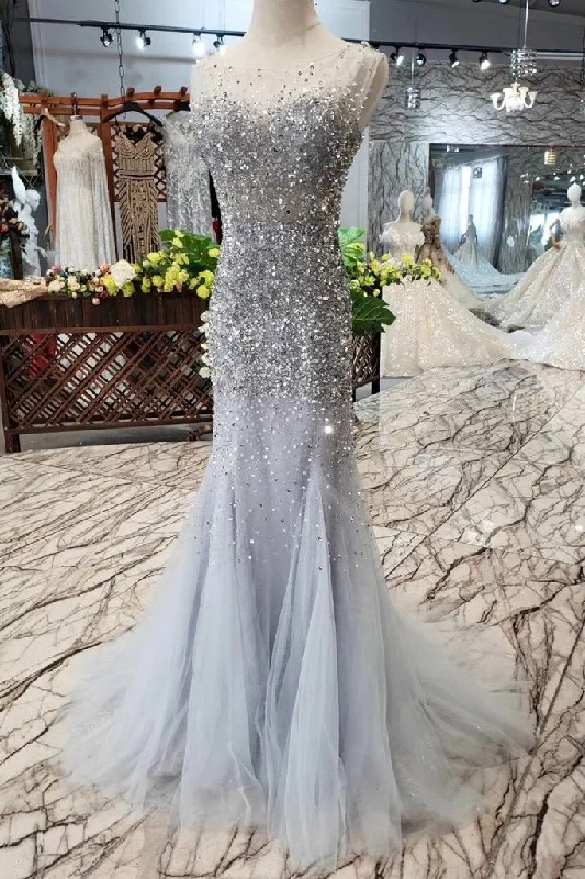 Unique Blue Sequins Bodice Prom Dresses Tulle Mermaid Sweep Train Evening Dresses WK798