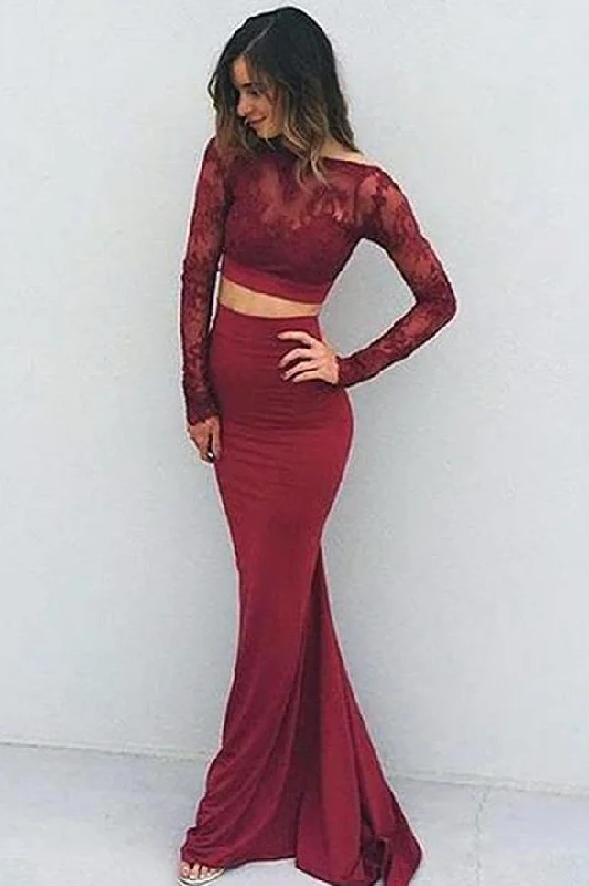 Mermaid Long Sleeve Two Pieces Prom Dresses Burgundy Backless Evening Dresses WK662