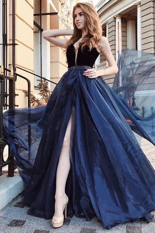 Elegant Deep V Neck Tulle Long Prom Dress With Beading Navy Blue Evening Gowns WK738 Elegant Deep V Neck Tulle Long Prom Dress With Beading Navy Blue Evening Gowns WK738