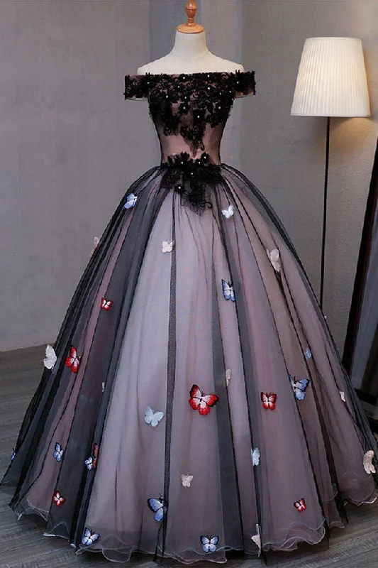 Princess Black Off the Shoulder Butterfly Appliqued Prom Dresses Quinceanera Dresses WK886