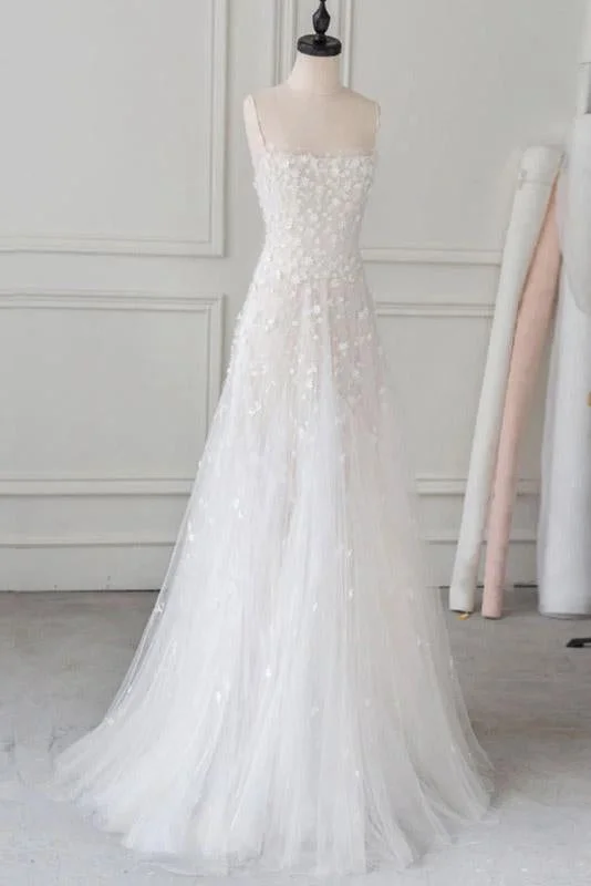 White Spaghetti Straps Lace Tulle Evening Dress Floor Length Prom Dress with Beads WK676