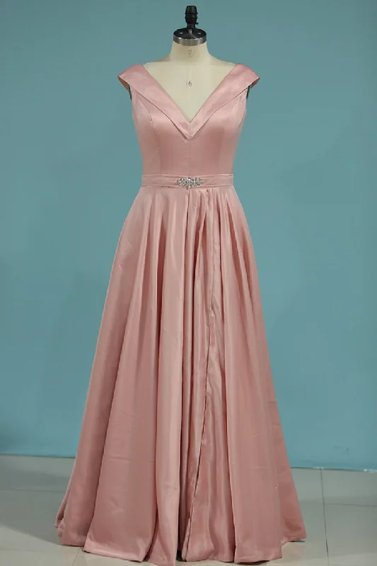 2024 A Line New Arrival Off The Shoulder Satin Evening Dresses With Slit Zipper Back