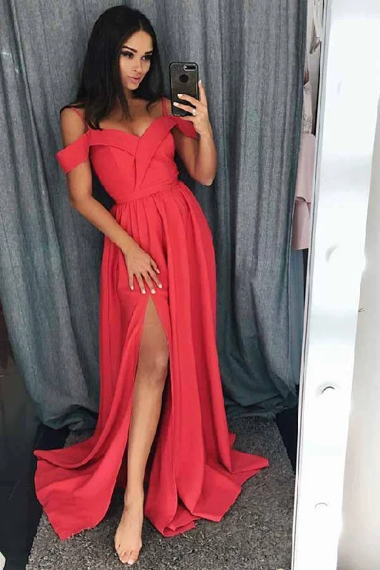 Simple Cold Shoulder Red Satin Straps Prom Dresses A Line with Split Evening Dresses WK668