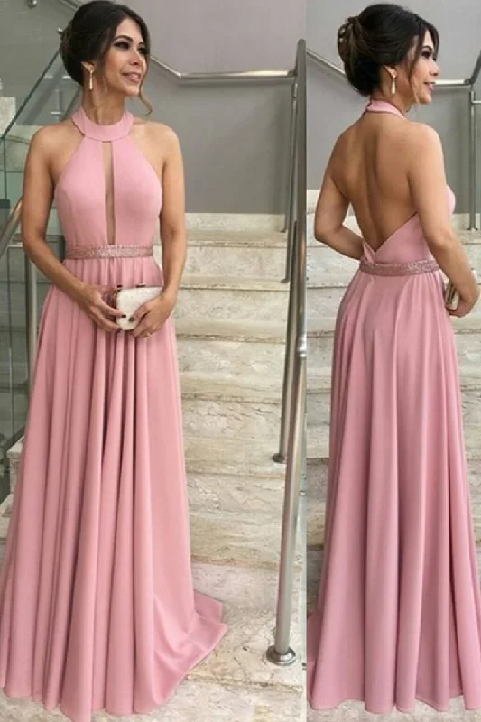 2024 A Line Halter Prom Dresses With Beads Waistline Elastic Satin