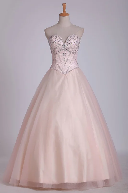 A Line Prom Dresses Sweetheart Tulle With Beading Lace Up