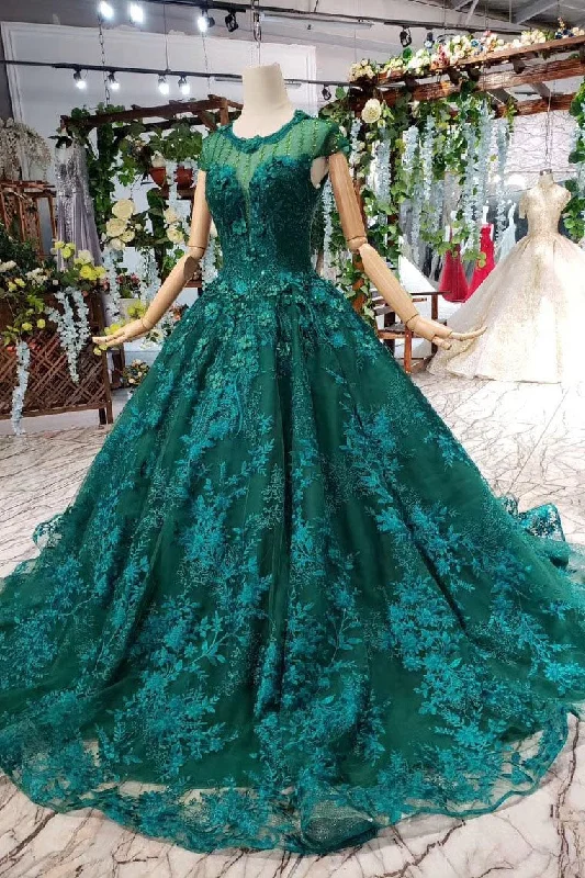 Ball Gown Green Court Train Scoop Lace Appliques Cap Sleeves Lace up Prom Dresses WK787 Ball Gown Green Court Train Scoop Lace Appliques Cap Sleeves Lace up Prom Dresses WK787