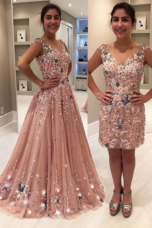 Blush Pink Tulle Beading Lace Appliques Prom Dresses Long Cheap Evening Dresses WK609