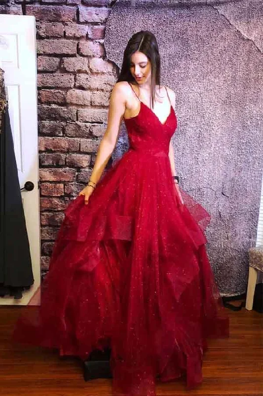 A line Red Ruffles Spaghetti Straps V Neck Prom Dresses Backless Long Evening Dresses WK636 A line Red Ruffles Spaghetti Straps V Neck Prom Dresses Backless Long Evening Dresses WK636