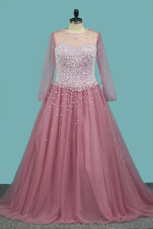 2024 A Line Scoop Long Sleeves Tulle With Pearls Sweep Train Prom Dresses