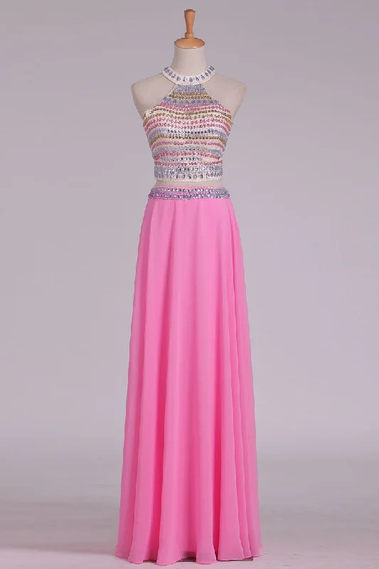 2024 A Line Halter Open Back Two Pieces Beaded Bodice Chiffon & Tulle Prom Dresses