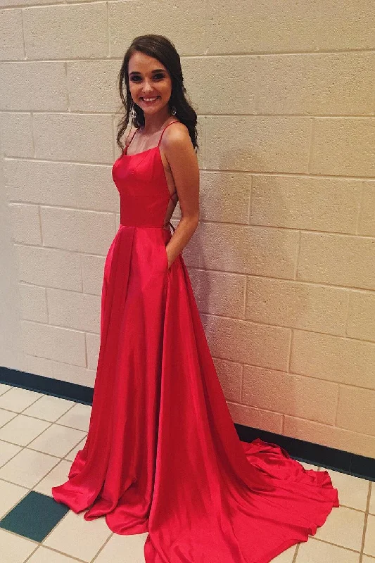 A Line Red Spaghetti Straps Open Back Prom Dresses with Slit Pockets WK686