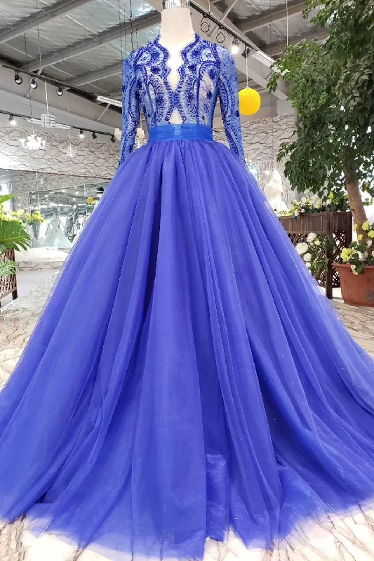 Elegant Blue Tulle Deep V Neck Long Sleeve Beads Ball Gown Prom Dresses with Lace up WK786 Elegant Blue Tulle Deep V Neck Long Sleeve Beads Ball Gown Prom Dresses with Lace up WK786