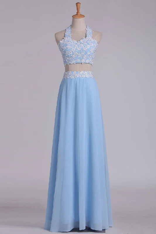 2024 A Line Halter Two Pieces Chiffon With Applique Prom Dresses