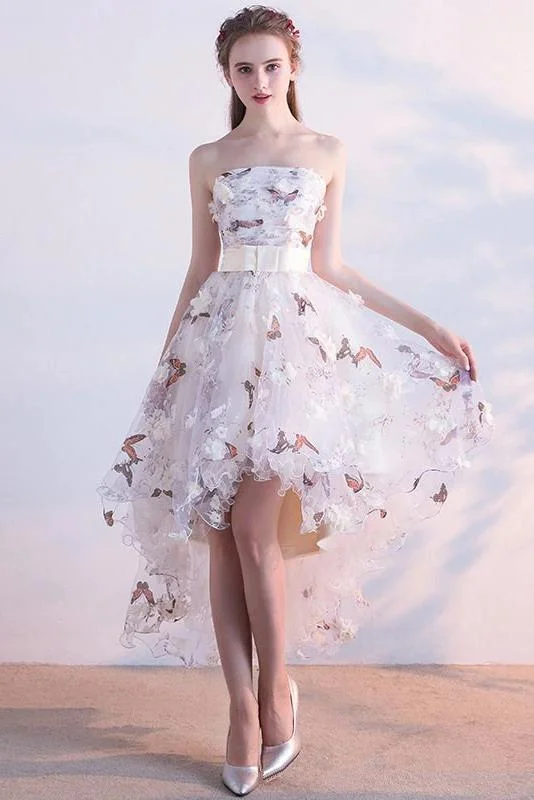 A Line High Low Straps Lace up Tulle Flower Homecoming Dresses Short Prom Dresses WK967