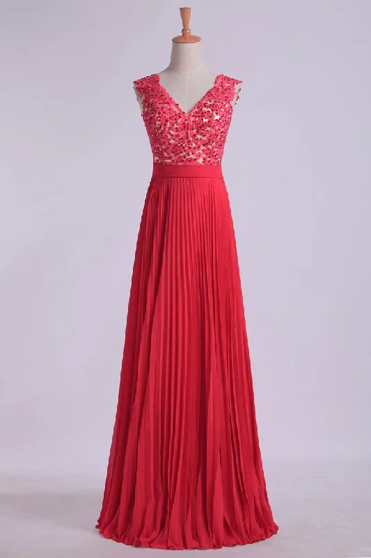 2024 V Neck Prom Dress Appliqued Bodice Ruched Waistband Flowing Chiffon Skirt