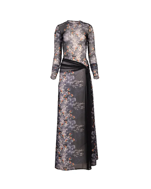 Black Ocean Scene Knotted Mesh Dress