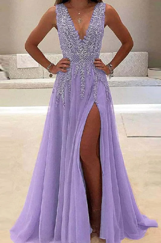 A line Tulle V Neck Pink Prom Dresses Long Backless Evening Dresses WK588