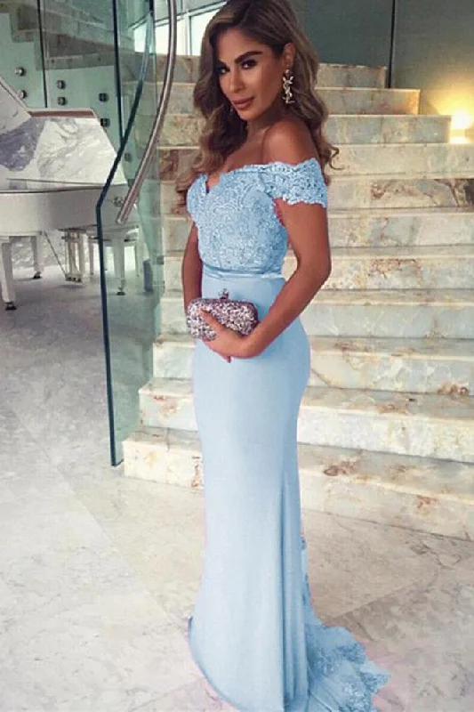 Mermaid Sky Blue Off the Shoulder Prom Dresses Long Sweetheart Satin Evening Dress WK644