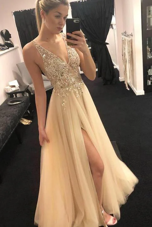 Elegant Tulle Beads Straps Prom Dresses with Split Long Cheap Evening Dresses WK782