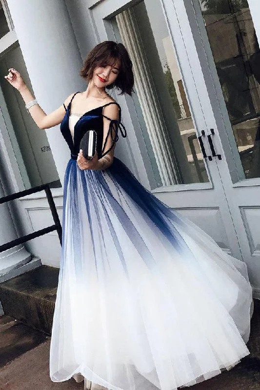 Cute Blue Ombre Long Tulle Prom Dress Unique V Neck Sleeveless Dance Dresses WK906
