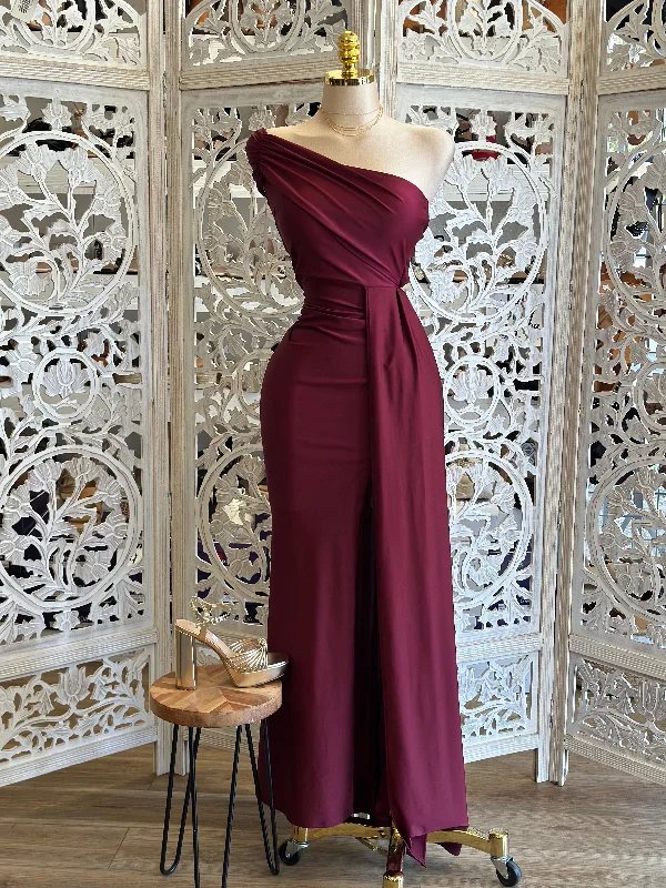 Wine Draped Formal Dress- Stretchy,Estira
