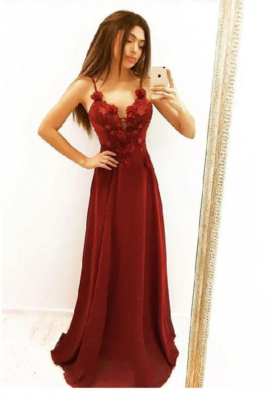 Simple Burgundy A Line Spaghetti Straps Prom Dresses V Neck Dance Dresses WK707