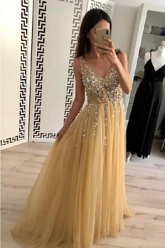 Simple A Line Tulle Beads V Neck Straps Backless Prom Dresses Long Evening Dresses WK681 Simple A Line Tulle Beads V Neck Straps Backless Prom Dresses Long Evening Dresses WK681