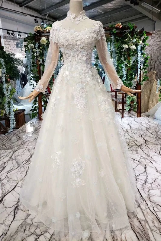 Princess Tulle High Neck Long Sleeve Handmade Flowers Lace up Prom Dresses WK795