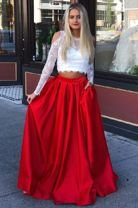 A Line Red and White Long Sleeve Satin Two Piece Prom Dresses with Pockets WK729