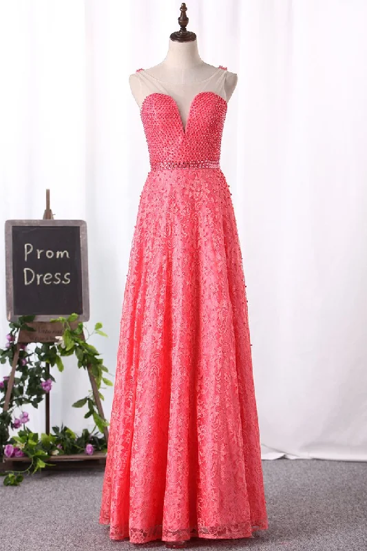 2024 A Line Lace Prom Dresses Scoop With Beading Sweep Train