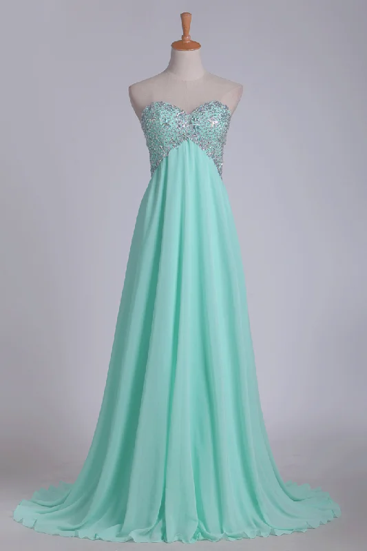 2024 A Line Chiffon Sweetheart Open Back Beaded Bodice Prom Dresses