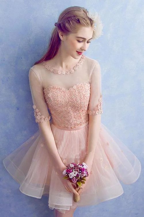 Cute A Line Half Sleeve Pink Round Neck Tulle Homecoming Dresses with Lace Prom Dress WK823 Cute A Line Half Sleeve Pink Round Neck Tulle Homecoming Dresses with Lace Prom Dress WK823