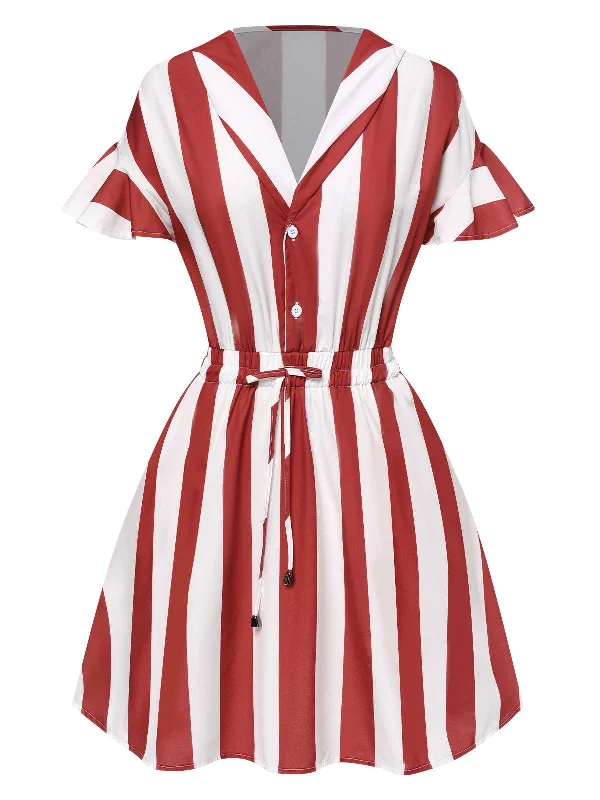 1950s Lapel Red And White Striped Dress