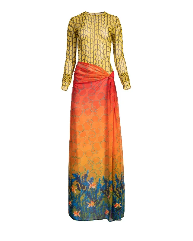 Yellow Wavy Monogram/ Multicolour Bubble Seaweed Mix Knotted Mesh Dress