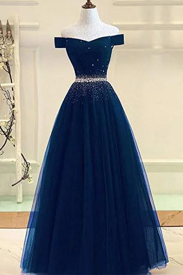 A Line Off the Shoulder Tulle Dark Blue Beads Prom Dresses Long Cheap Evening Dress WK687