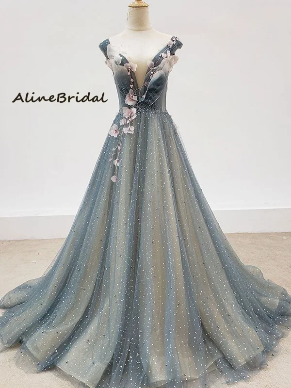 Elegant V-neck Sparkling A-line Applique Prom Dress, PD3021