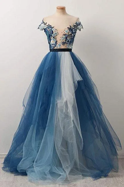 A Line Gorgeous Blue Gradient Prom Dress with Appliques/Mesh WK848